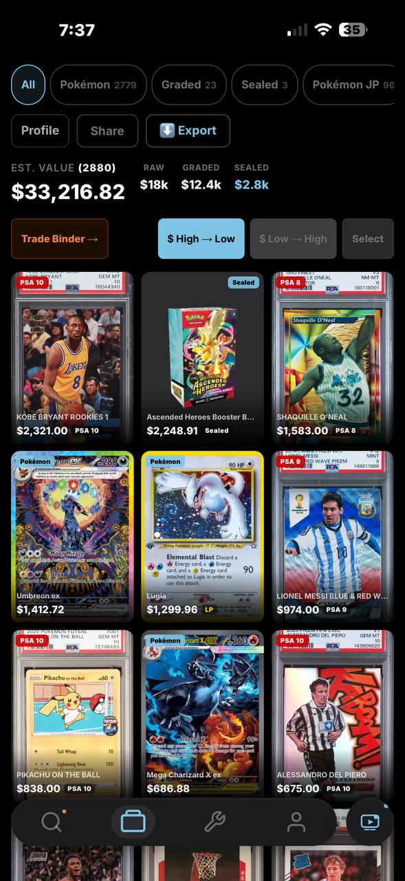 My Collection — estimated value $33,216.82 with graded Kobe Bryant, Messi, and Pokémon cards