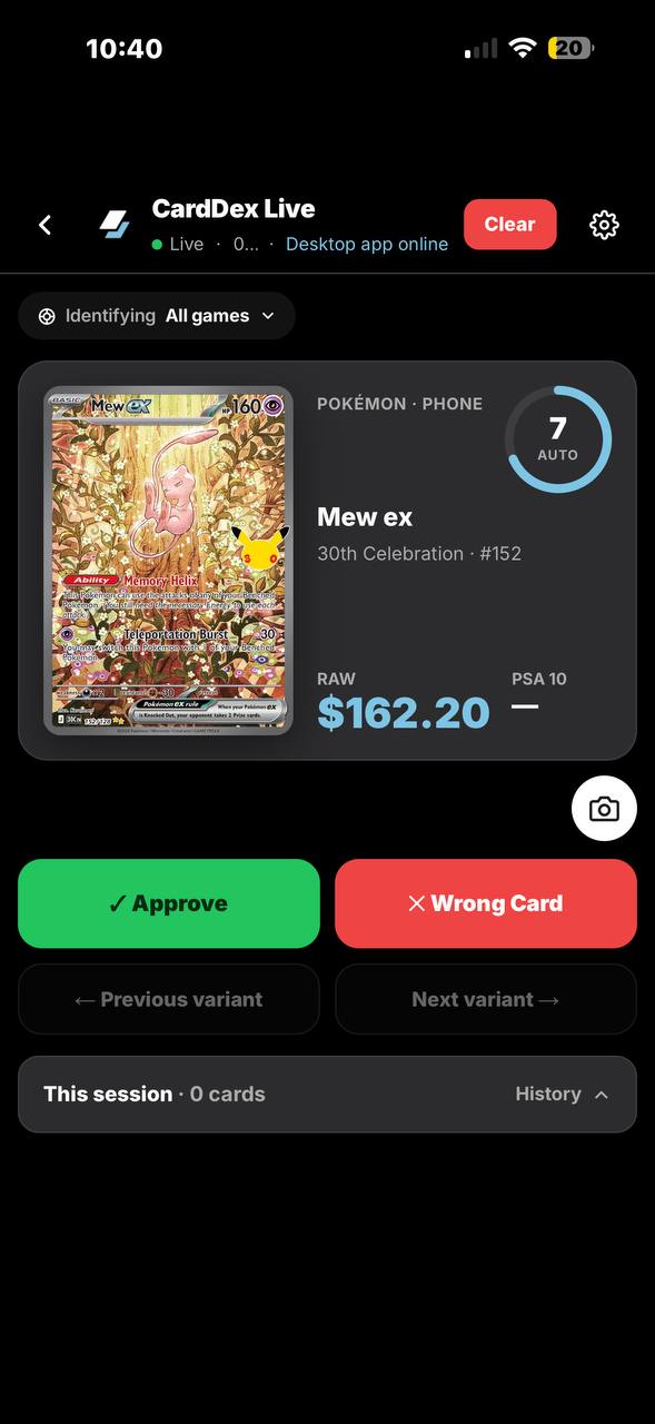 CardDex Live on a phone — Mew ex identified, RAW $162.20, Approve or Wrong Card, auto-approve countdown