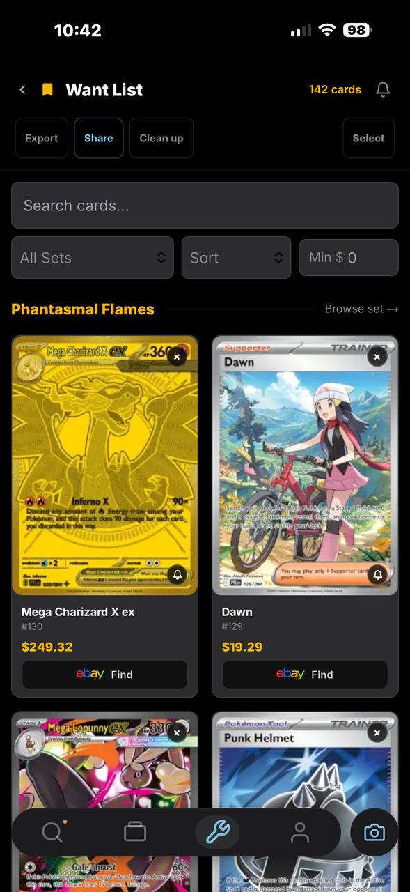 Want List — 142 cards, Phantasmal Flames: Mega Charizard X ex $249.32, Dawn $19.29